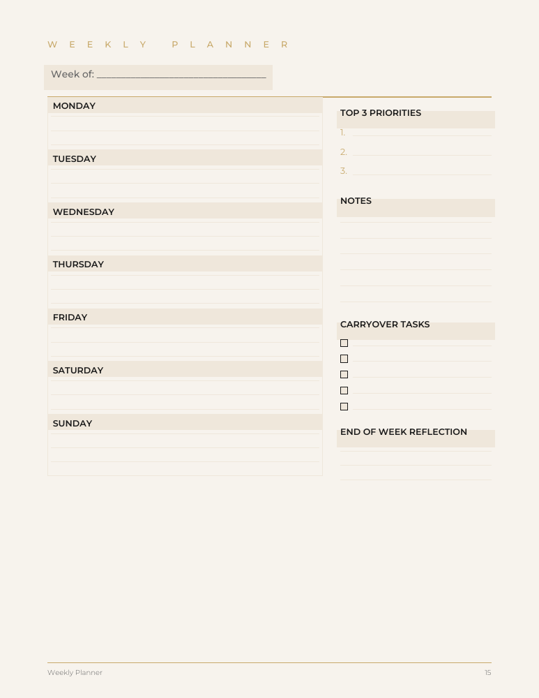 Actual weekly planner page: Monday through Sunday, top three priorities, notes, carryover tasks, and end-of-week reflection